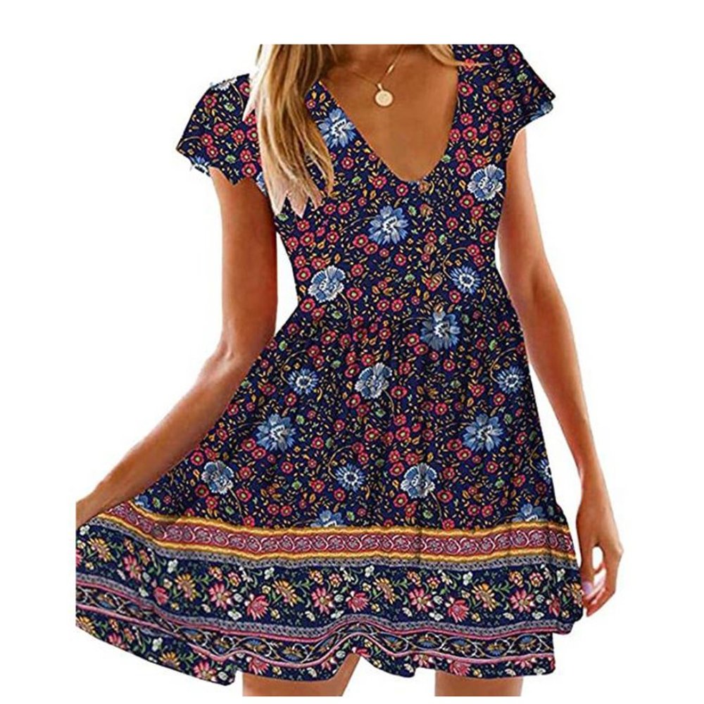 Womens Short Sleeve V-Neck High Waist SUMMER DRESS